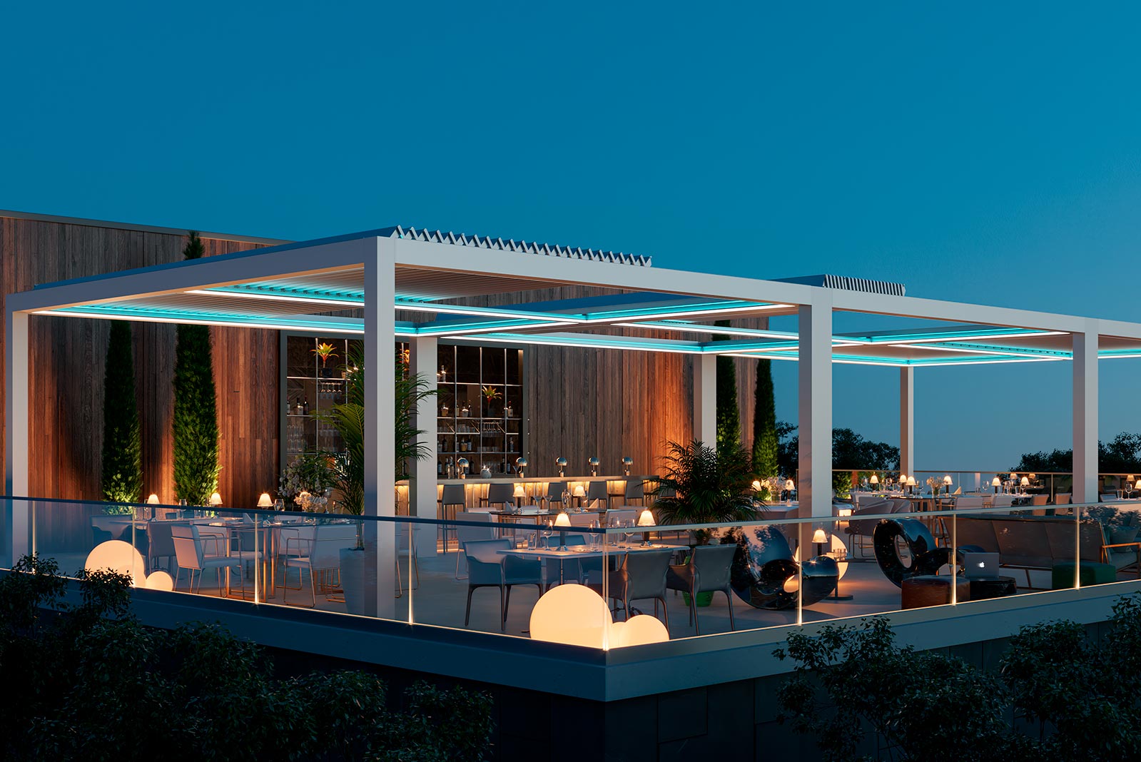 Bioklimatická pergola s otočnými a stahovacími lamelami